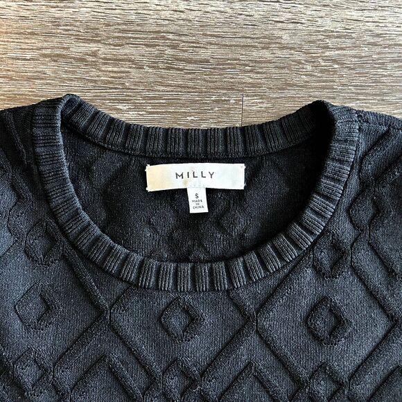 EUC‎ MILLY Black Geometric Ribbed Knit Sweater Top Size Small Stretchy Crew Neck - Picture 5 of 13